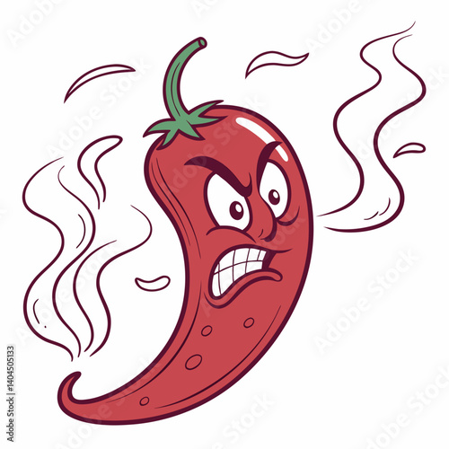 Angry Spicy Red Pepper with Steam and Fire Face – Trendy and Humorous Vector Cartoon for T-Shirt Design
