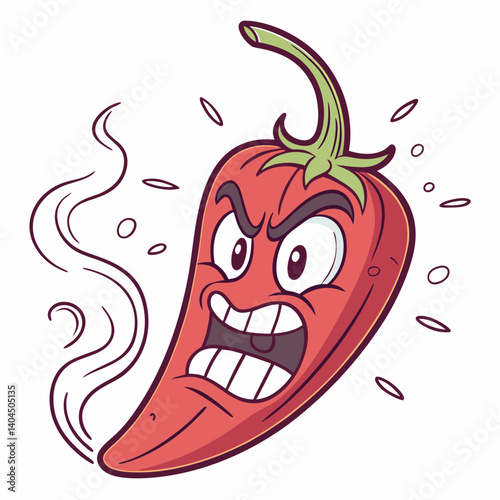 Angry Spicy Red Pepper with Steam and Fire Face – Trendy and Humorous Vector Cartoon for T-Shirt Design