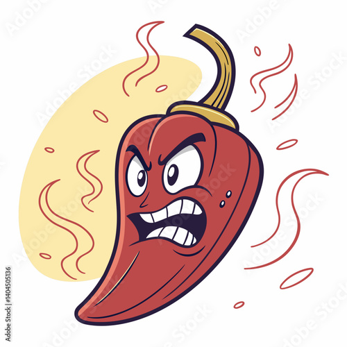 Angry Spicy Red Pepper with Steam and Fire Face – Trendy and Humorous Vector Cartoon for T-Shirt Design