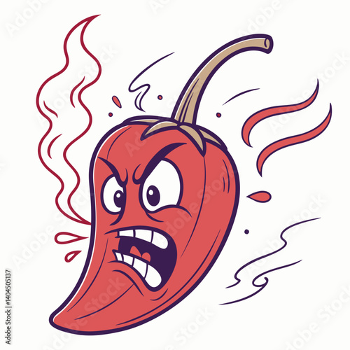 Angry Spicy Red Pepper with Steam and Fire Face – Trendy and Humorous Vector Cartoon for T-Shirt Design