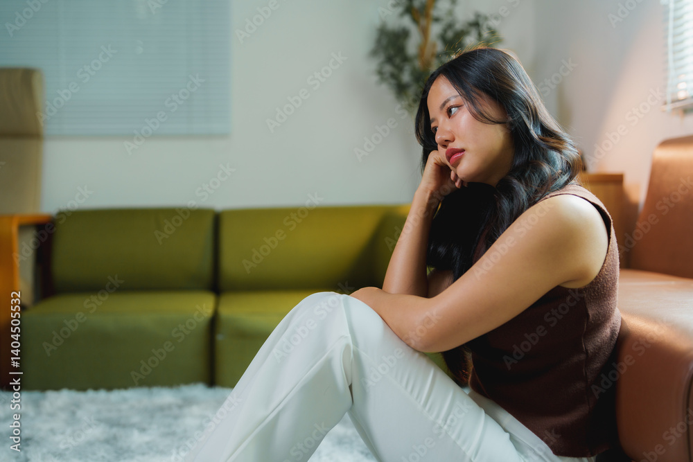 Young asian woman sitting on floor near sofa at home looking away with thoughtful and sad expression, suffering from psychological problems, feeling lonely and depressed Young asian woman sitting on floor near sofa at home looking away with thoughtful and sad expression, suffering from psychological problems, feeling lonely and depressed