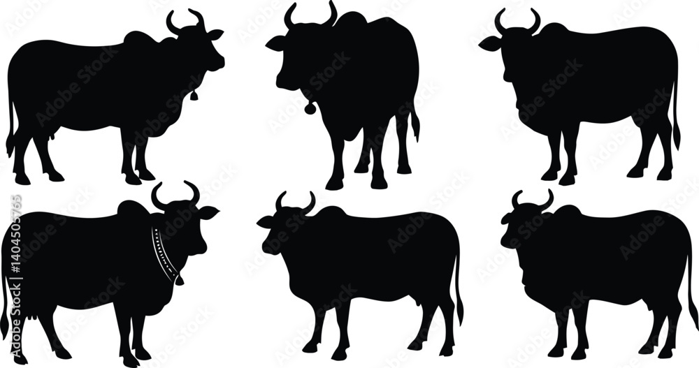 Fototapeta premium Bull Silhouettes Vector Collection – Traditional Indian Cattle Set