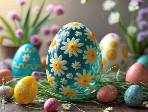Colorful Easter Eggs With Flowers on Wood Table