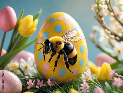 Bee on Decorated Easter Egg with Flowers