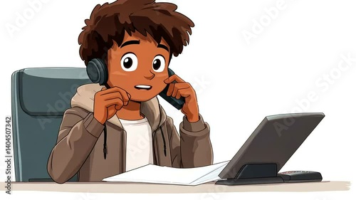 Boy on phone call, office, laptop, papers, cartoon style, customer service
