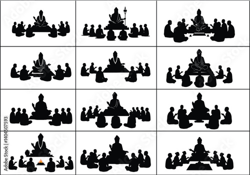 Guru Teaching Disciples Silhouette Collection – Spiritual Classroom for Guru Purnima & Heritage Art