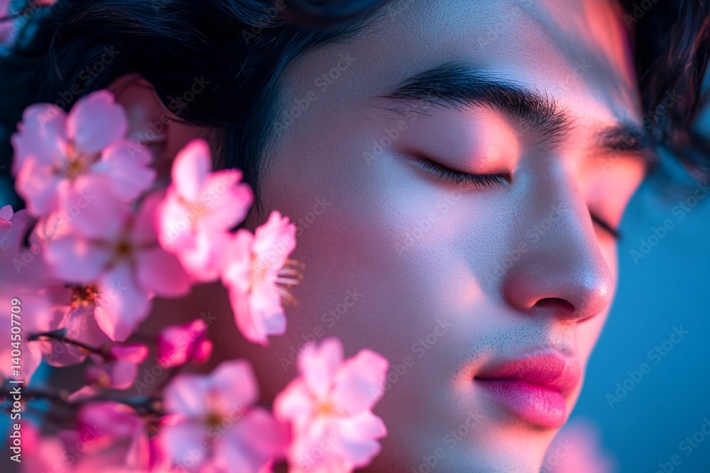 Dark night and warm mystic light - complementary lighting, spring mood idea. Handsome asian young man inhaling the essence of cherry blossoms. Handsome man in nature with flowers.