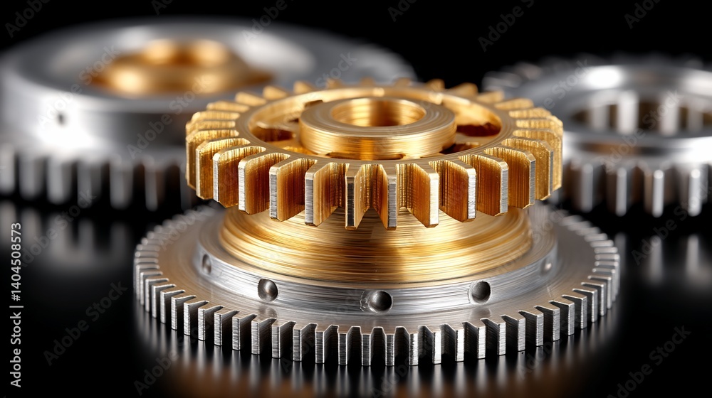 Precision-machined gears interlock, showcasing intricate detail and metallic sheen Precision-machined gears interlock, showcasing intricate detail and metallic sheen