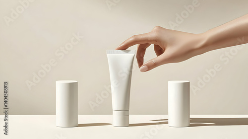 Elegant Feminine Hand Reaching For A White Skincare Tube Among Other Cosmetic Containers In A Minimalist Beige Setting With Soft Illumination