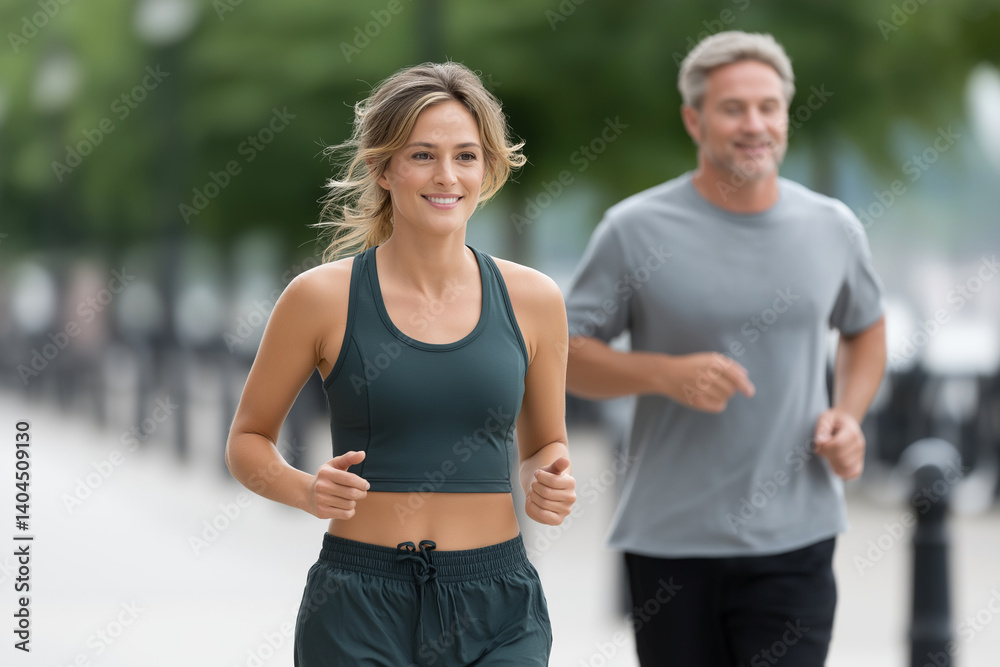 Fototapeta premium 16h Stock minimalist photography of a tanned blonde in a dark green sports outfit running in a park next to a man. Tall pine trees line the blurred background, filtered sunlight il