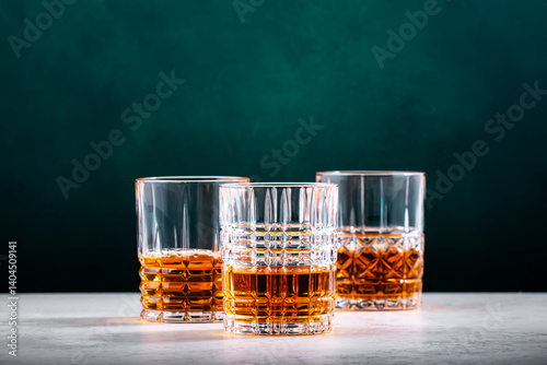 Obraz na płótnie Blended Scotch whiskey glasses on dark green background w salonie