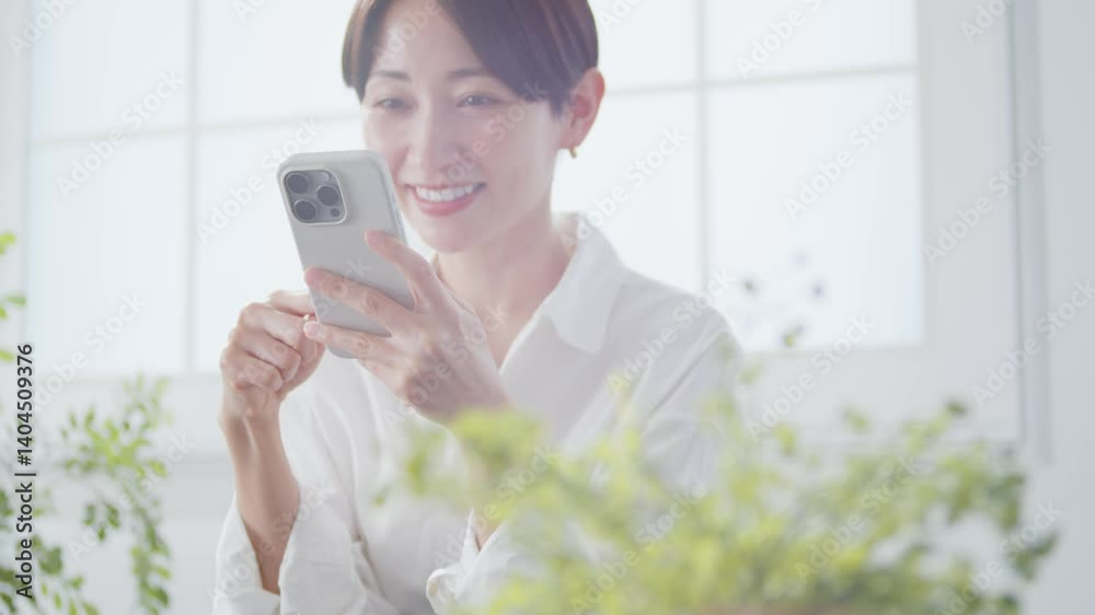 スマートフォンを操作する40代女性