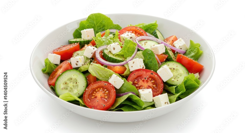 Salad in a white bowl with tomatoes cucumbers feta cheese and lettuce. Salad in a white bowl with tomatoes cucumbers feta cheese and lettuce.