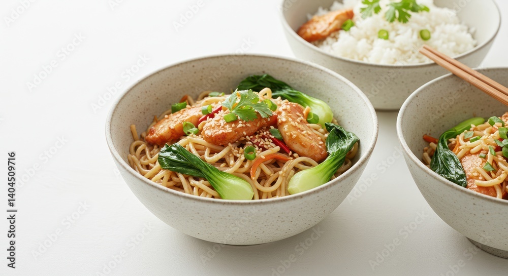 Bowls of noodles with vegetables and chicken on a white surface. Bowls of noodles with vegetables and chicken on a white surface.