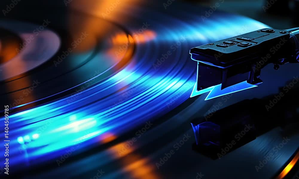 Vinyl Record Player Spinning with Blue Light Glowing