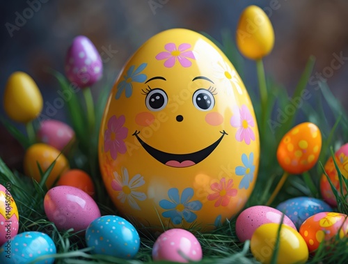 Happy Easter Egg with Flowers and Smiling Face