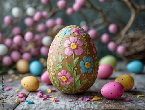 Floral Easter Egg Still Life. Spring Holiday Concept.