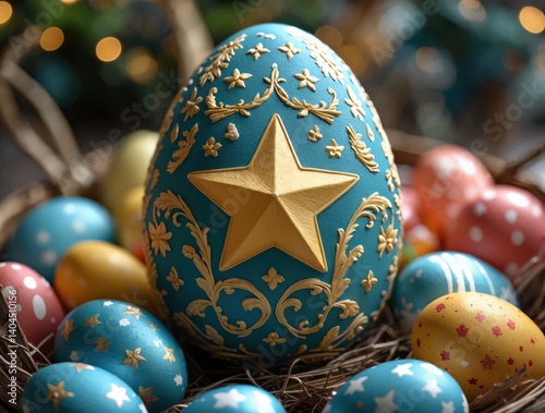 Decorated Easter Eggs in Basket, Festive