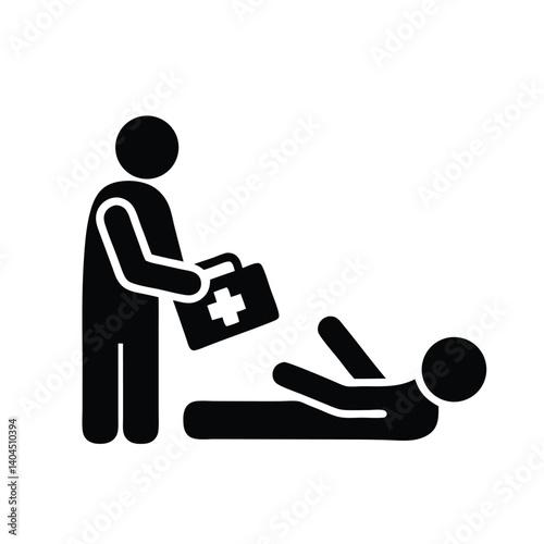 First Aid Help Silhouette, Person with Medical Kit Assisting Injured Lying Down Figure