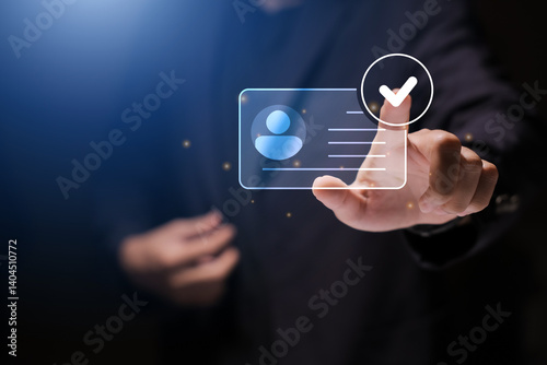 human hand holding digital identification card, with Checkmark Icons for Identity verification, ID card with checkmark. Personality approve. Employee badge.