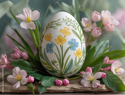 Elegant Easter Egg with Floral Design and Pink Tulips