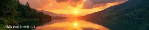 Serene lake at sunset, lush greenery mirrored in golden waters, fiery clouds, still, hush, color
