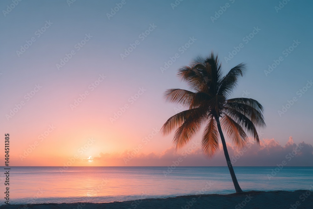 capture serene minimalistic view of tropical beach at sunrise with single palm tree silhouette standing against glowing capture serene minimalistic view of tropical beach at sunrise with single palm tree silhouette standing against glowing