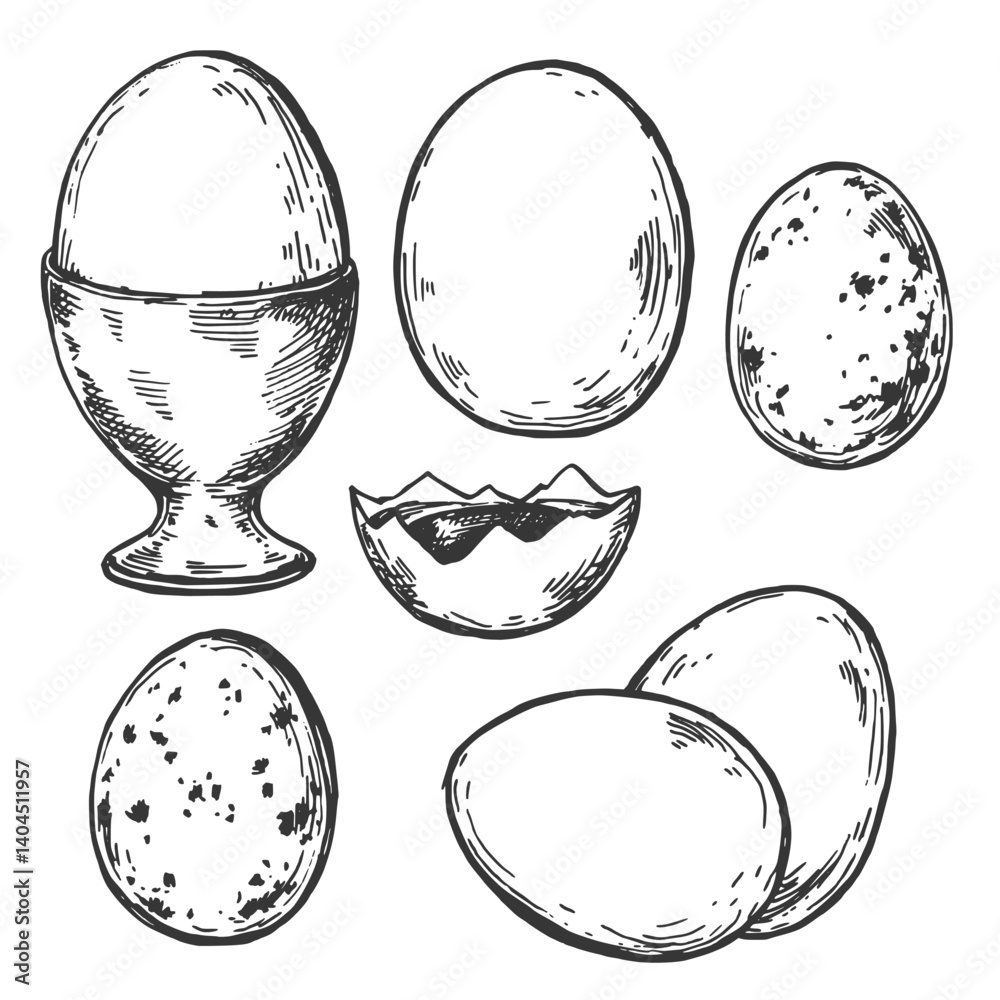 Eggs sketch ink graphic set illustration, draft silhouette drawing, black on white line art. Food vintage etching design.