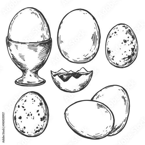 Obraz na płótnie Eggs sketch ink graphic set illustration, draft silhouette drawing, black on white line art. Food vintage etching design. w salonie