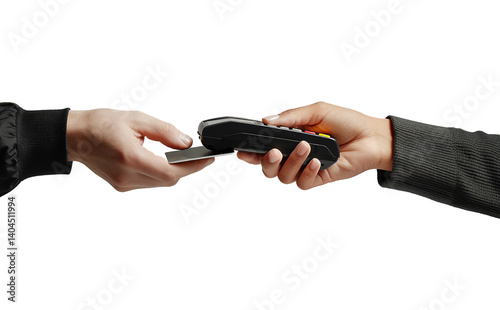 Two hands engaging in an electronic payment with a contactless credit card and a POS machine