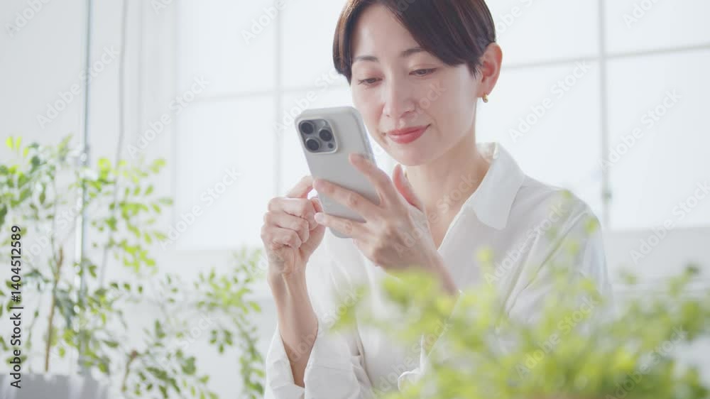 スマートフォンを操作する40代女性