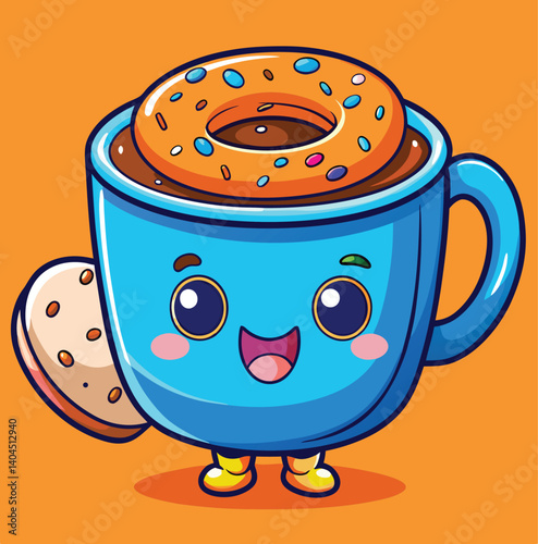 Cute Coffee Cup Character With Donut And Cookie On Orange Background