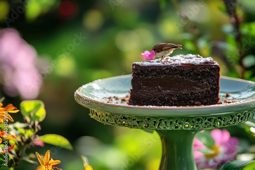 A slice of rich chocolate cake adorned with a small bird and a pink flower. photo