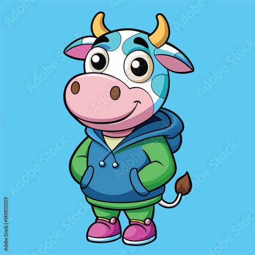 Cartoon Cow Character Standing With Hoodie And Sneakers On Blue Background
