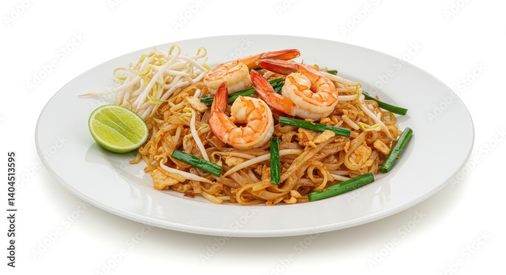 Pad thai noodles with shrimp sprouts and lime on a white plate. Pad thai noodles with shrimp sprouts and lime on a white plate.