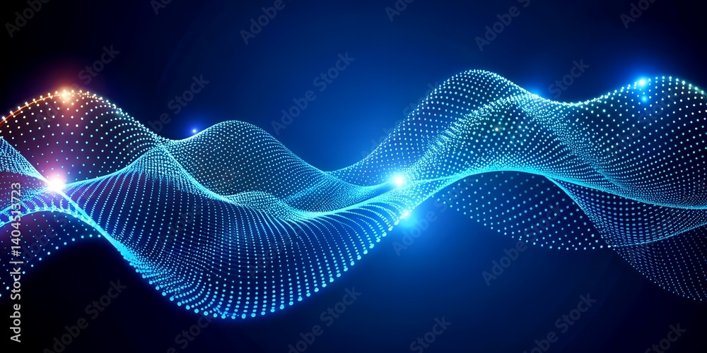 Abstract Wave Patterns with Dots and Lights in Blue and Black Background for Design