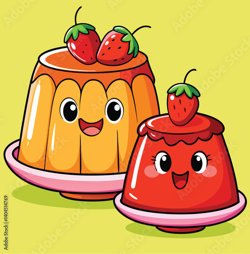 Cute Strawberry Pudding Character Illustration With Happy Smiling Faces On Yellow Background