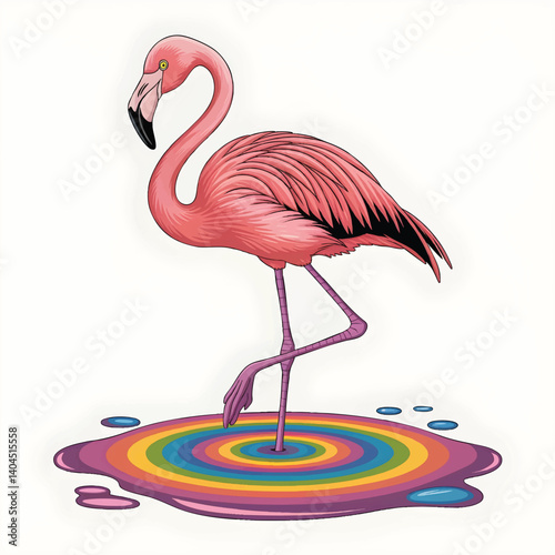 Flamingo standing in a puddle of liquid rainbow vector illustration, isolated on white background.