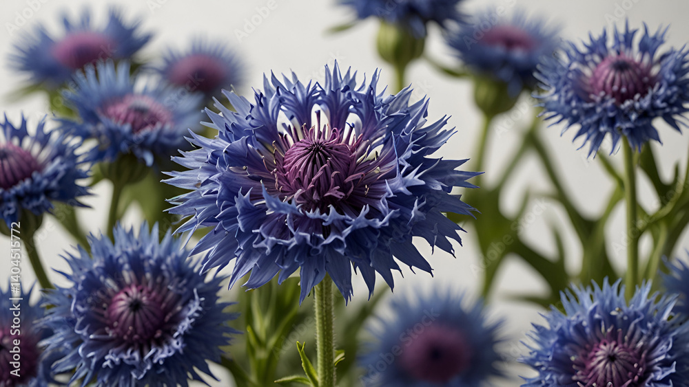 Close Up of Vibrant Blue Flower with Spiky Petals and Rich Purple Centers Against a Light Background Highlighting Their Delicate Details and Striking Colors Close Up of Vibrant Blue Flower with Spiky Petals and Rich Purple Centers Against a Light Background Highlighting Their Delicate Details and Striking Colors