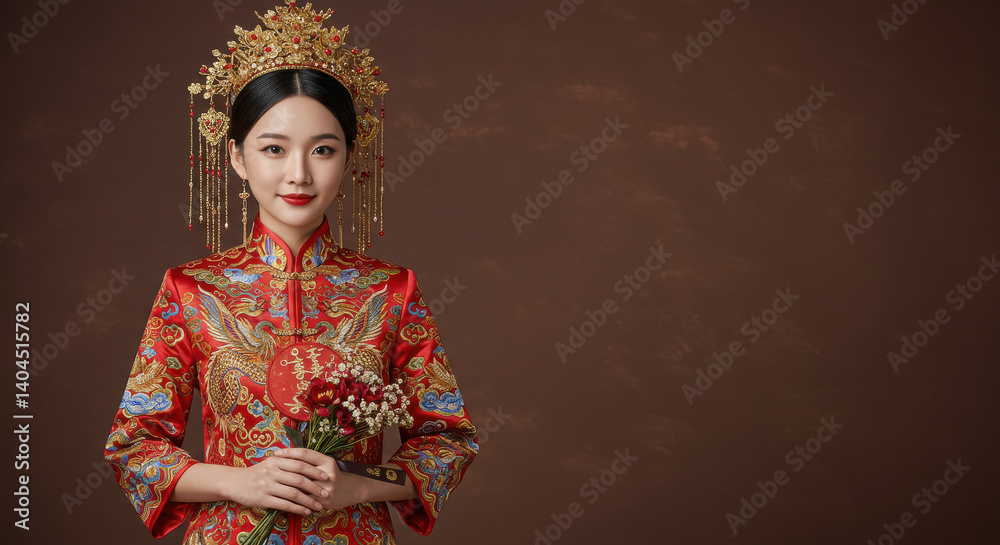 Portrait of bride in traditional Chinese red qipao dress. Portrait of bride in traditional Chinese red qipao dress.