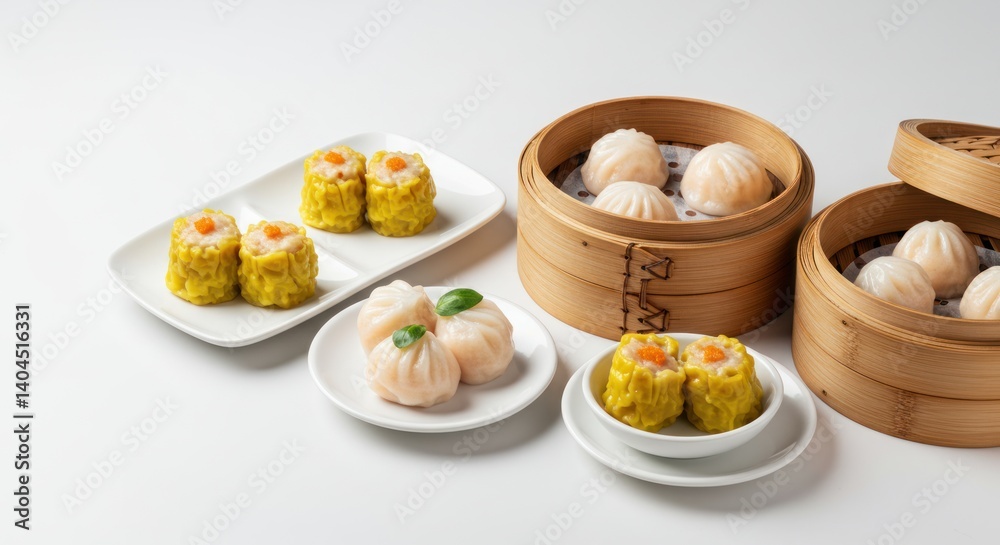 Assorted dim sum in bamboo steamers and plates on a white background. Assorted dim sum in bamboo steamers and plates on a white background.