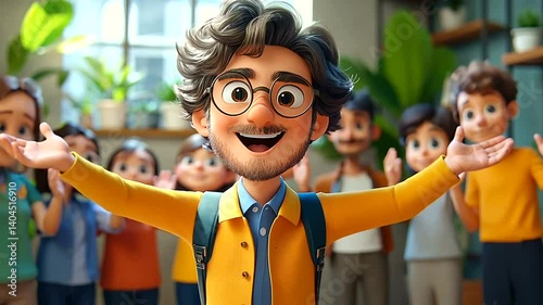 Cheerful cartoon man welcomes team in office