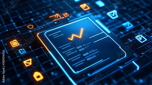 Digital Checklist and Document Icons on Glowing Blue Background