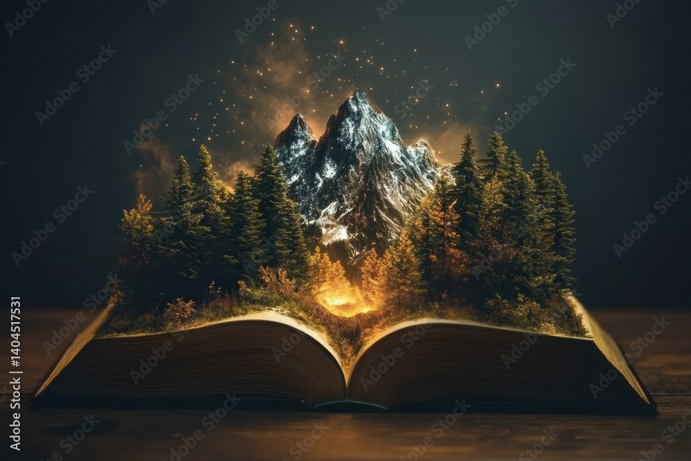 Creative open book with text transforming into trees and mountains, showcasing magical nature and inspiring reading experience