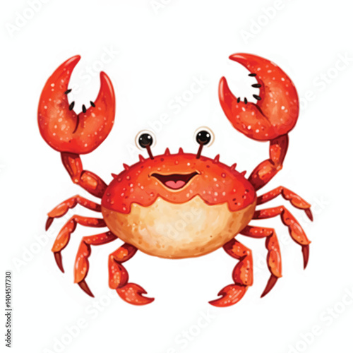 Vector illustration of a cartoon animation of a crab, painted in watercolor, isolated on a white background.