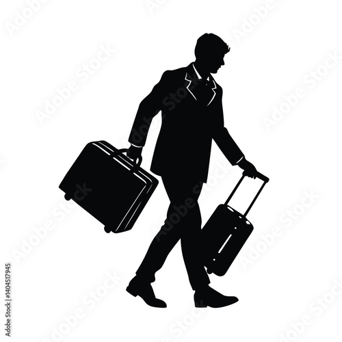 A businesswoman and businessman with suitcases, silhouettes against the airport, embark on a business trip with their luggage