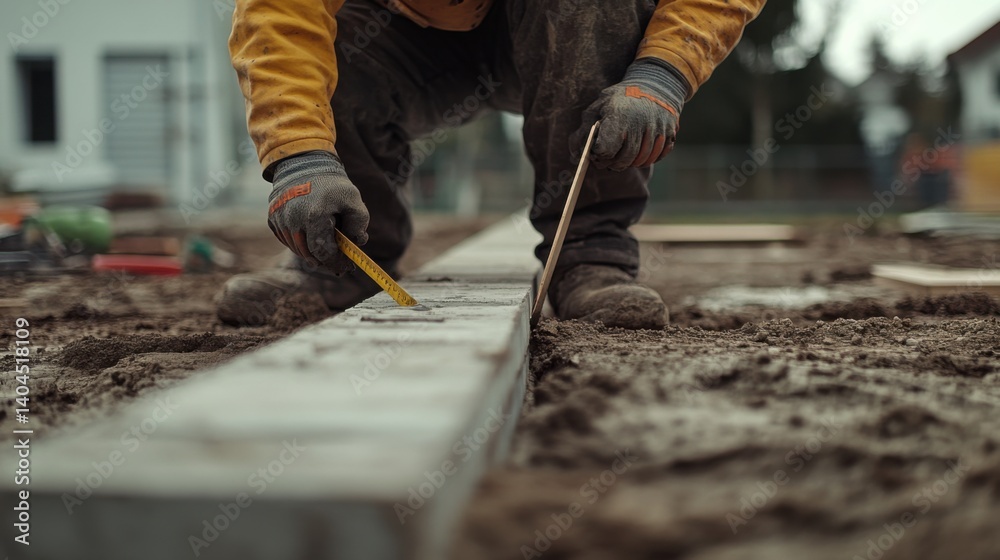 Construction worker measuring a building foundation. Featuring site preparation and measurement Construction worker measuring a building foundation. Featuring site preparation and measurement