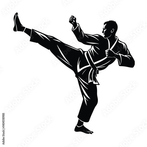 A black vector illustration shows the silhouette of a young man in a karate fight dance pose