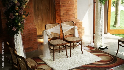 Wallpaper Mural Two rustic wooden chairs adorned with sheer fabric, set on a fluffy rug in a sunlit room with brick walls and floral arrangements.  Perfect for wedding, romance, or home decor. Torontodigital.ca