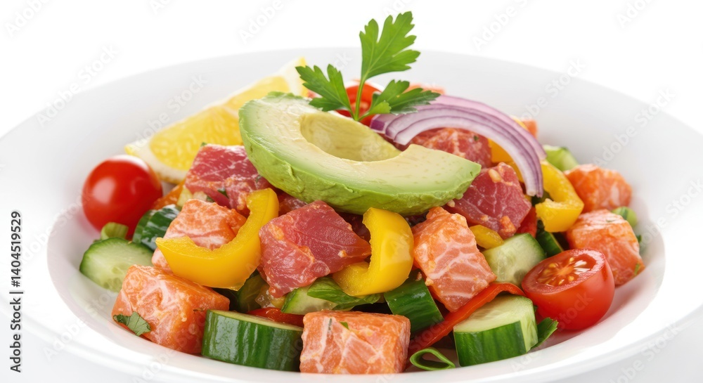 Salad with salmon avocado vegetables and herbs in a white bowl. Salad with salmon avocado vegetables and herbs in a white bowl.